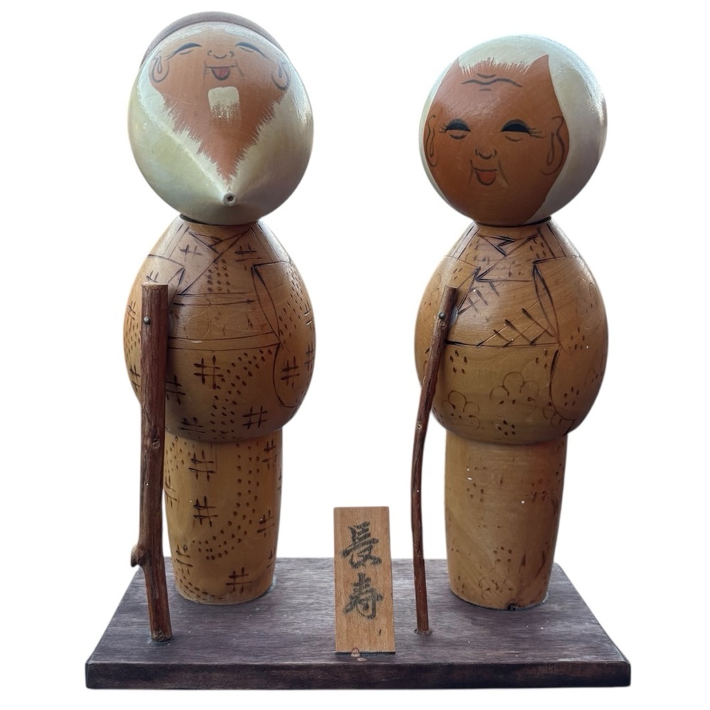Vintage Japanese Wooden kokeshi dolls elderly couple takasago signed - Picture 3 of 6